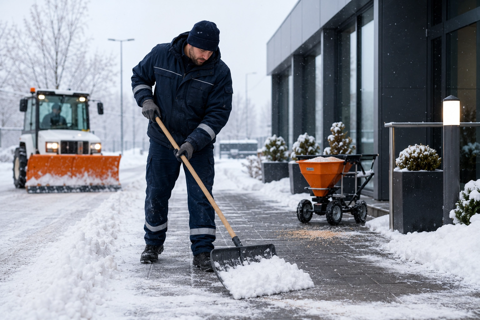 Mitarbeiter räumt Schnee vor einem Gebäude